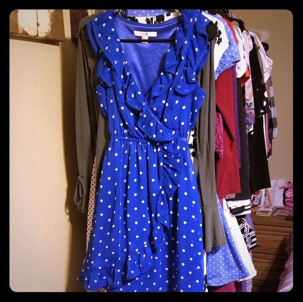 XXI Polka Dot Summer Dress Blue Ruffled Wrap Front